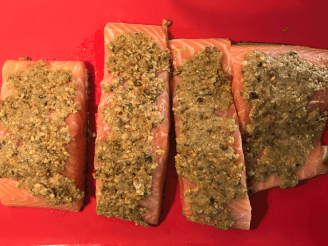 Rub the pistachio mixture on the salmon