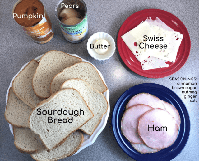 Ingredients for Ham Pumpkin Pear Toasties on Meal Planning Mommies.